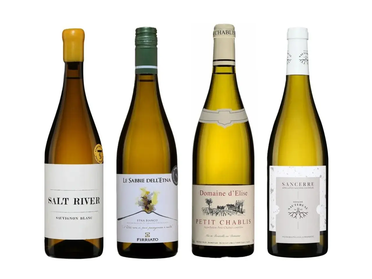 Quatre bouteilles de vin blanc, dont un Sancerre, un Petit Chablis et un Etna Bianco, offrant un potentiel de meilleur vin blanc minéral.