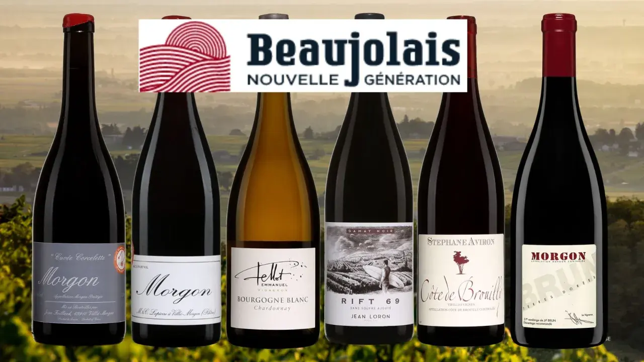 Six bouteilles de vin du Beaujolais, dont un Morgon de Jean Foillard, sous le logo "Beaujolais Nouvelle Génération".
