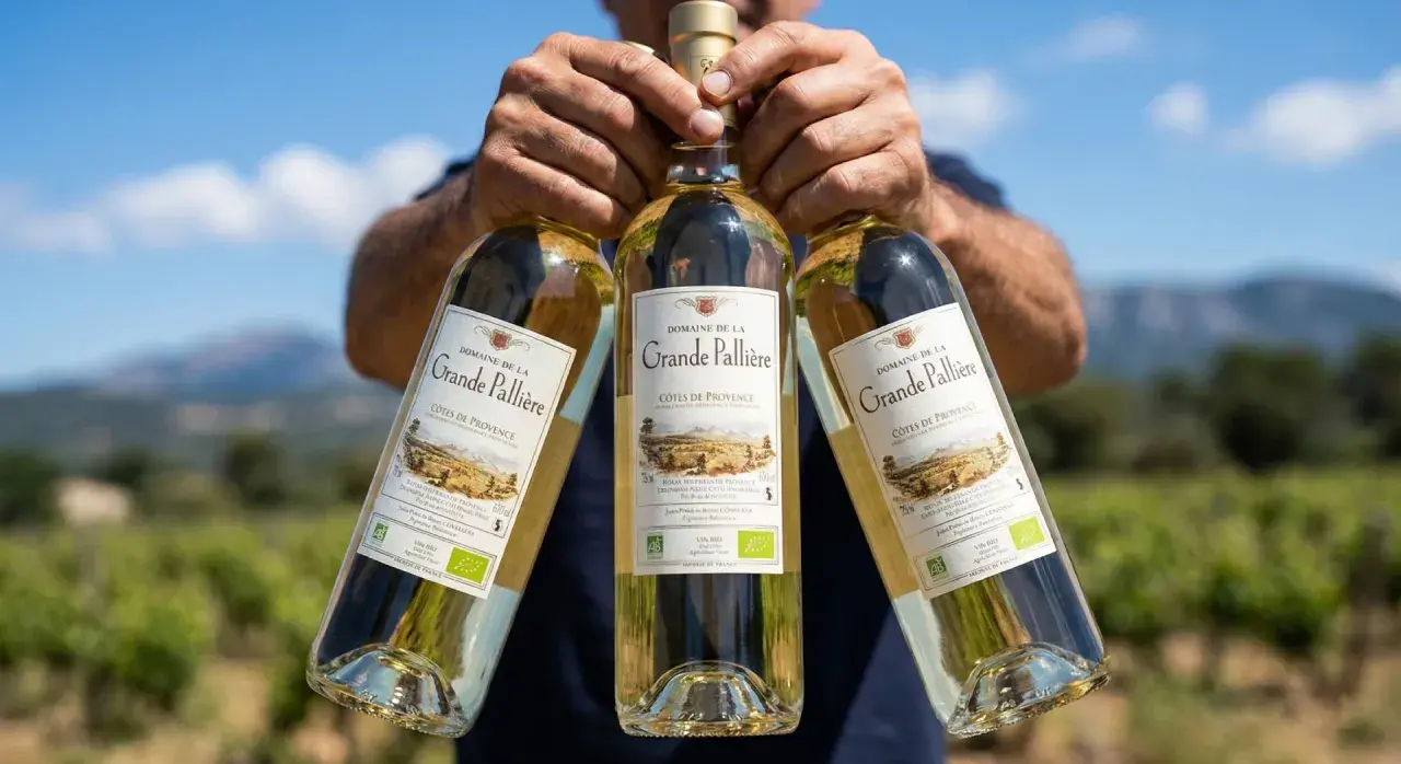 Trois bouteilles de vin blanc "Domaine de la Grande Pallière" Côtes de Provence, un vin doux ou moelleux, présentées par un vigneron.