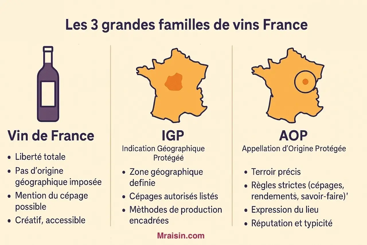 Les 3 grandes familles de vins français : Vin de France (créatif, accessible), IGP (zone géographique définie) et AOP (terroir précis). Un guide pour choisir votre vin cacher.