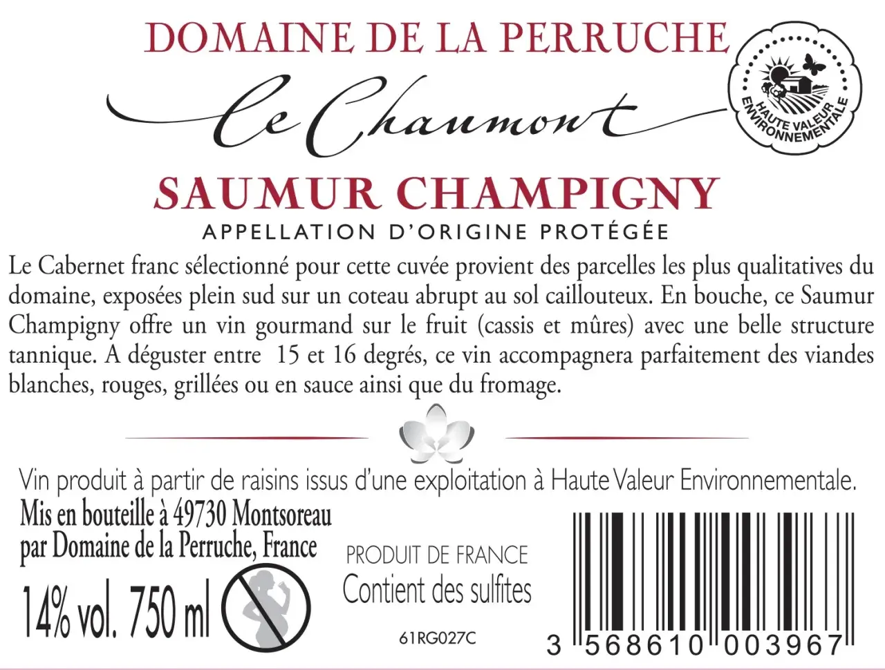 Bouteille de Saumur Champigny du **domaine de la perruche**, avec mention "Haute Valeur Environnementale".