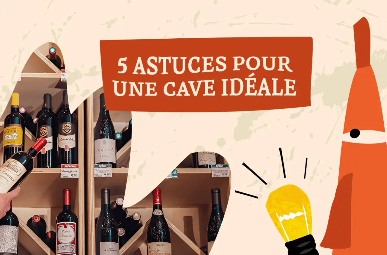 Des bouteilles de vin sur des étagères, avec une bulle de dialogue "5 astuces pour une cave idéale". Un tableau millésime vin.