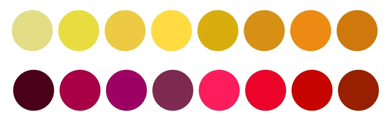 Palette de couleurs vives, allant du jaune pâle au brun orangé, rappelant la couleur vin blanc, et du bordeaux au rouge vif.