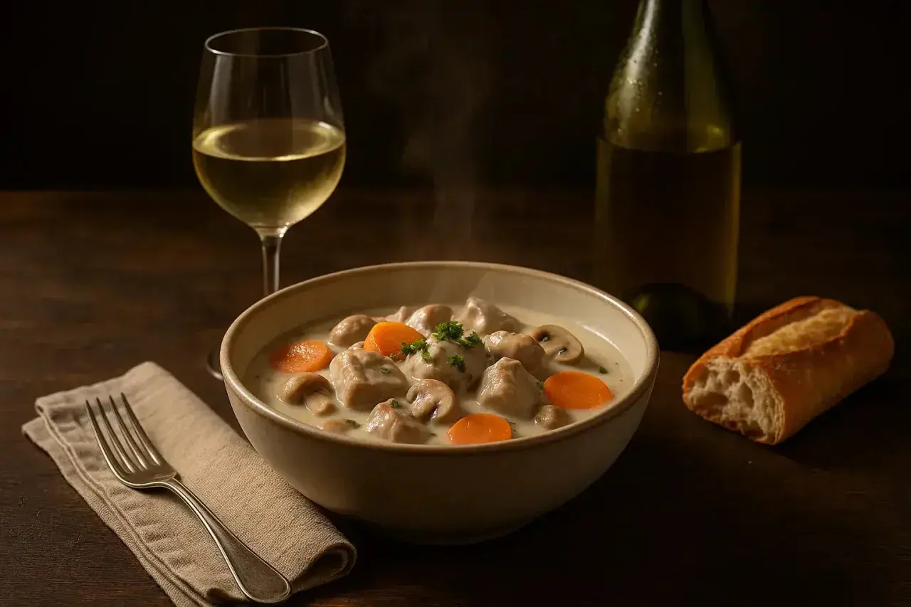 Un bol fumant de blanquette de veau avec carottes et champignons, accompagné d'un verre de vin blanc et d'une baguette.