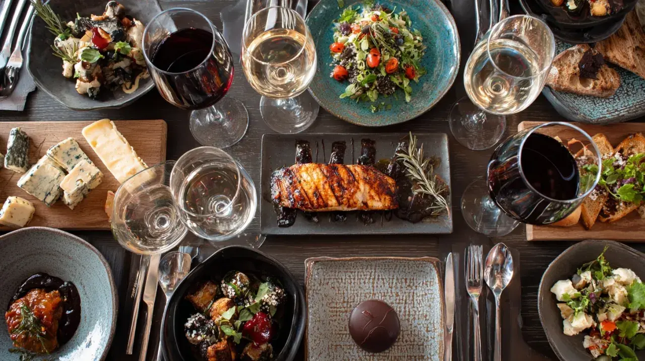 Une table dressée avec des plats variés et des verres de vin rouge et blanc. Une invitation à découvrir la fiche technique accord mets et vins.