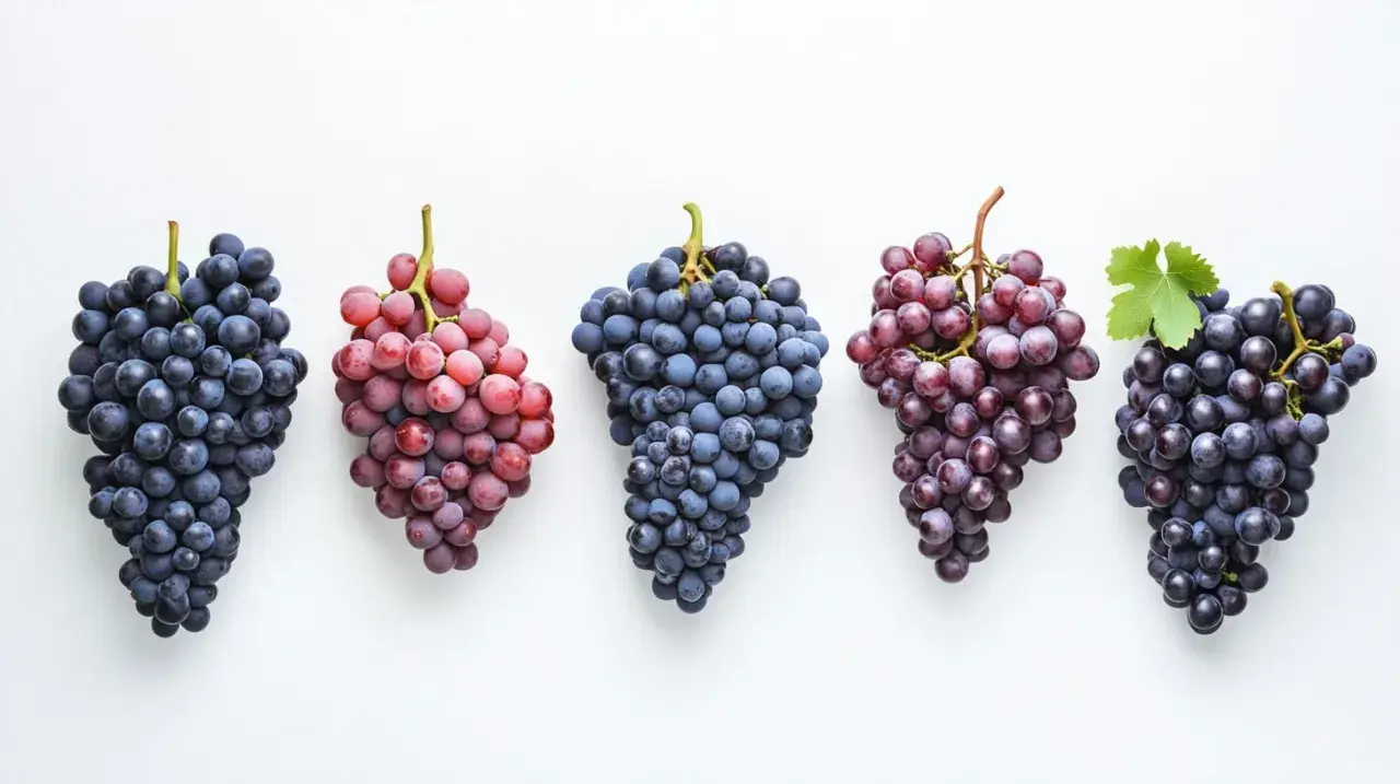 Cinq grappes de raisins, dont un cépage corse rouge, sur fond blanc.