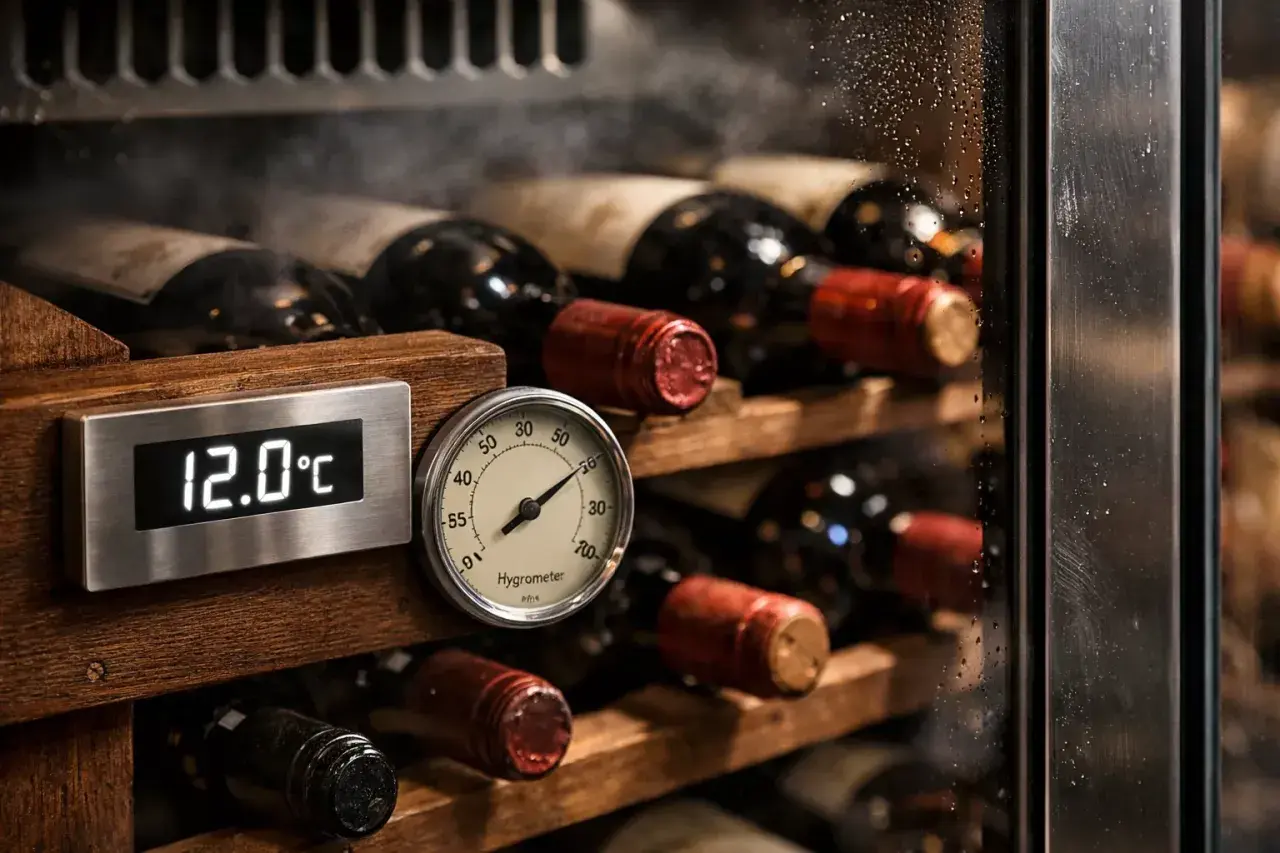 Cave à vin électrique : affichage 12°C et hygromètre. Pour savoir comment régler une cave à vin électrique, surveillez ces indicateurs.