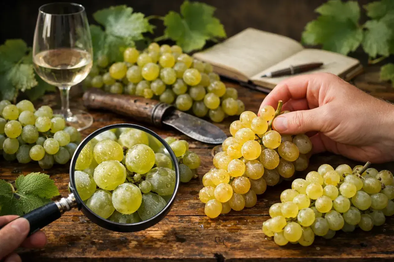 Gros plan sur un cépage de vin blanc très populaire, des grappes de raisins verts juteux sous une loupe, avec un verre de vin et un carnet en arrière-plan.