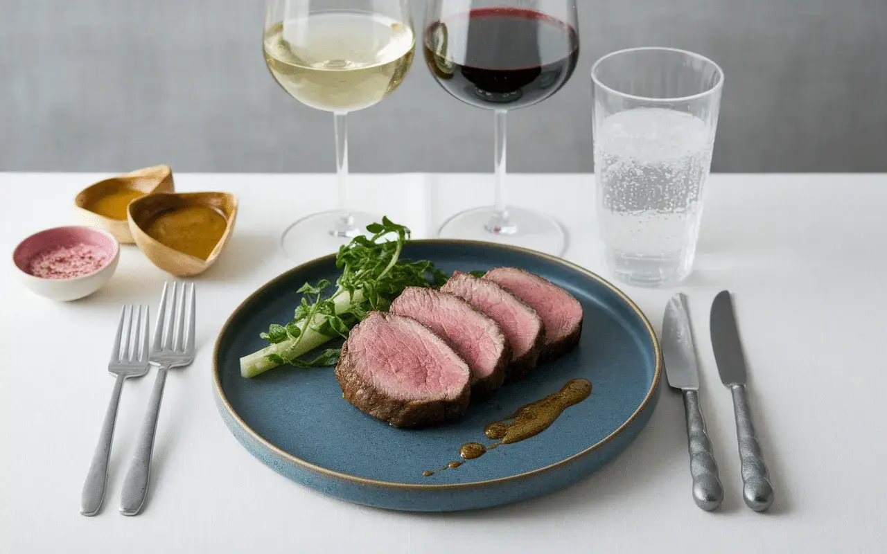 Filet mignon de porc tranché, servi avec une sauce et des verdures, accompagné de vin blanc et rouge.