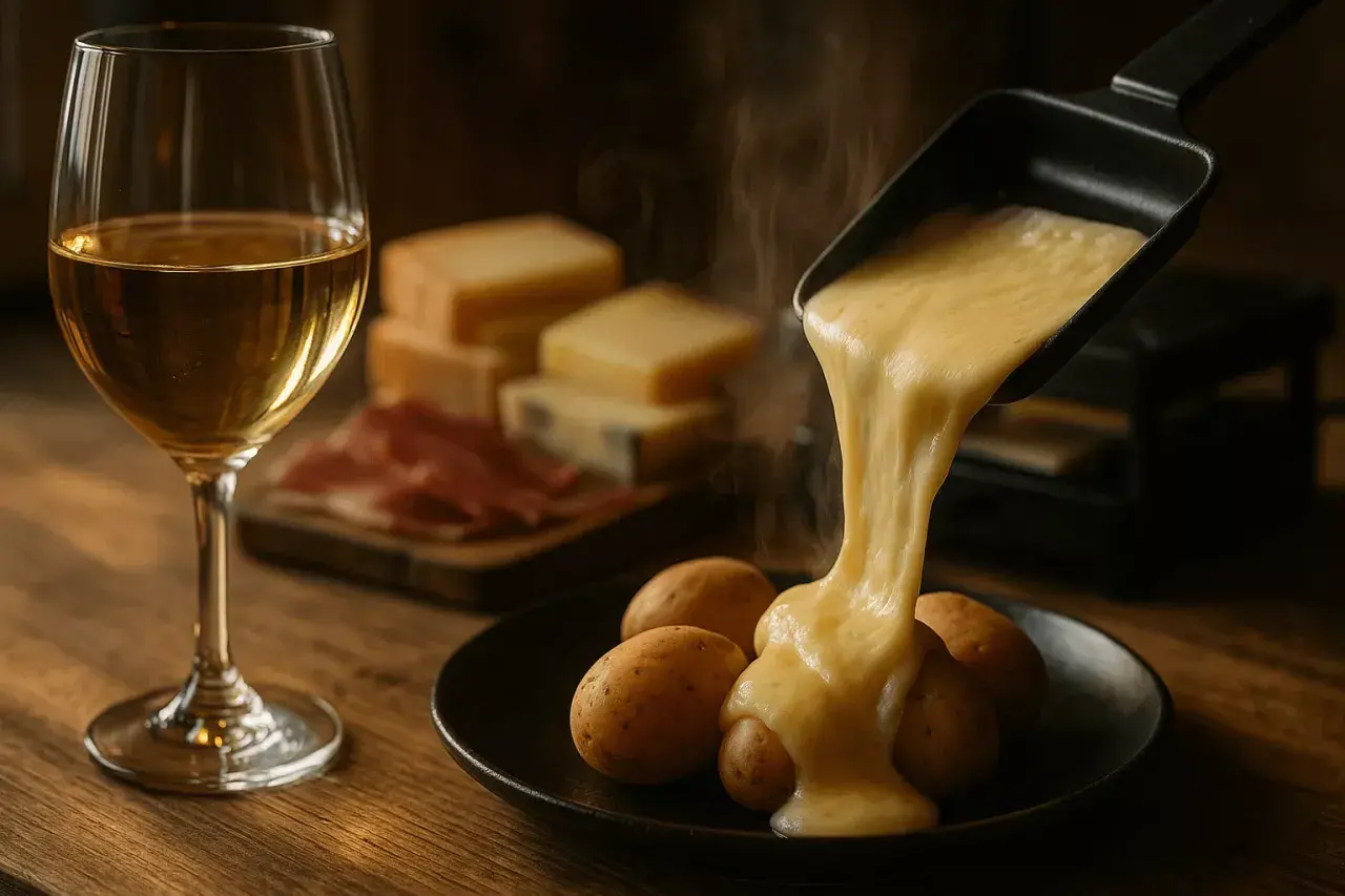 Fondue de fromage dégoulinant sur des pommes de terre, avec un verre de vin blanc, peut-être un petite arvine, et des tranches de charcuterie.