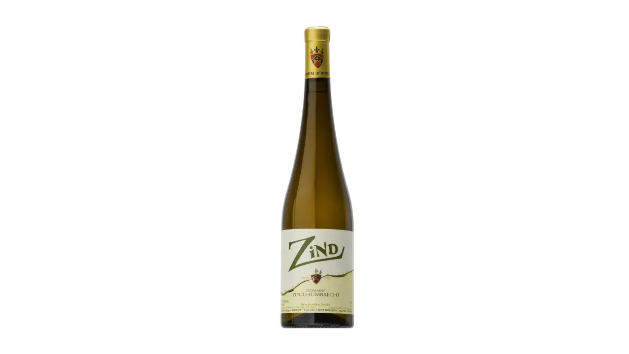 Bouteille de vin blanc du Domaine Zind-Humbrecht, avec une étiquette stylisée et un bouchon doré.
