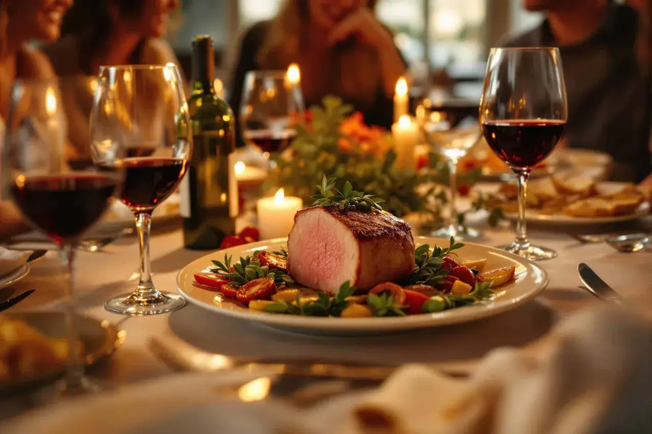 Un r&ocirc;ti de veau savoureux servi avec des l&eacute;gumes, accompagn&eacute; de vin rouge. Parfait pour savoir que boire avec un r&ocirc;ti de veau lors d'un d&icirc;ner aux chandelles.