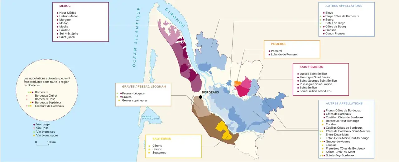 Carte des appellations de Bordeaux, montrant l'origine du vin merlot et d'autres cépages.