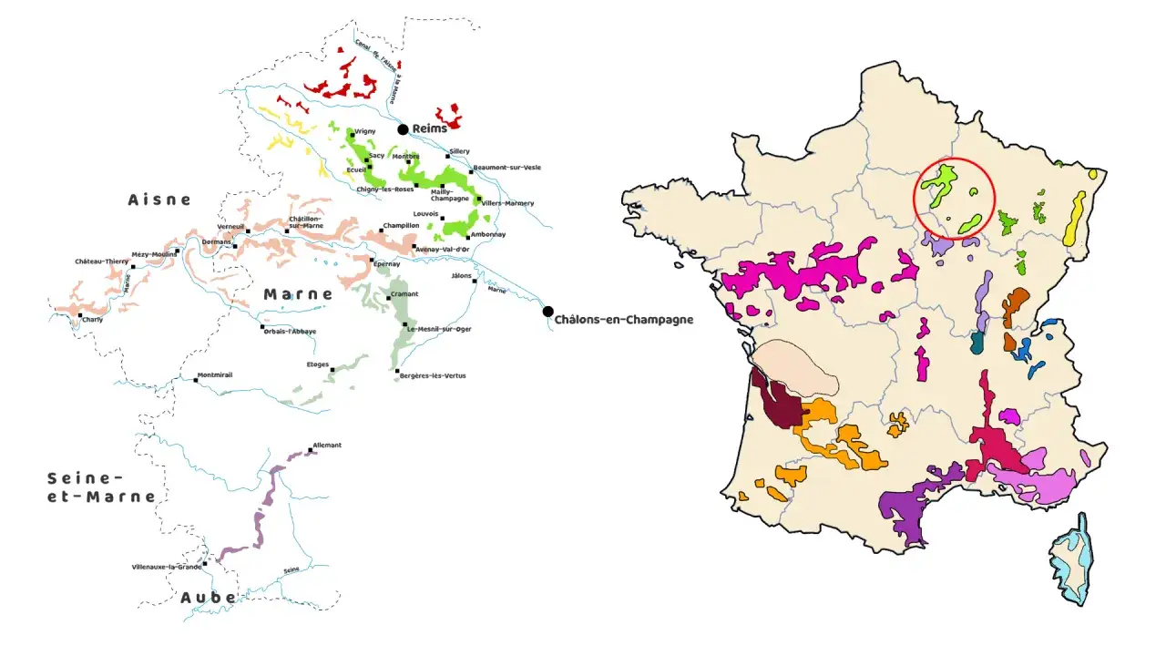 Carte des vignobles de Champagne, avec des zones color&eacute;es indiquant les crus. La r&eacute;gion de la Montagne de Reims, r&eacute;put&eacute;e pour son champagne zero dosage, est mise en &eacute;vidence.