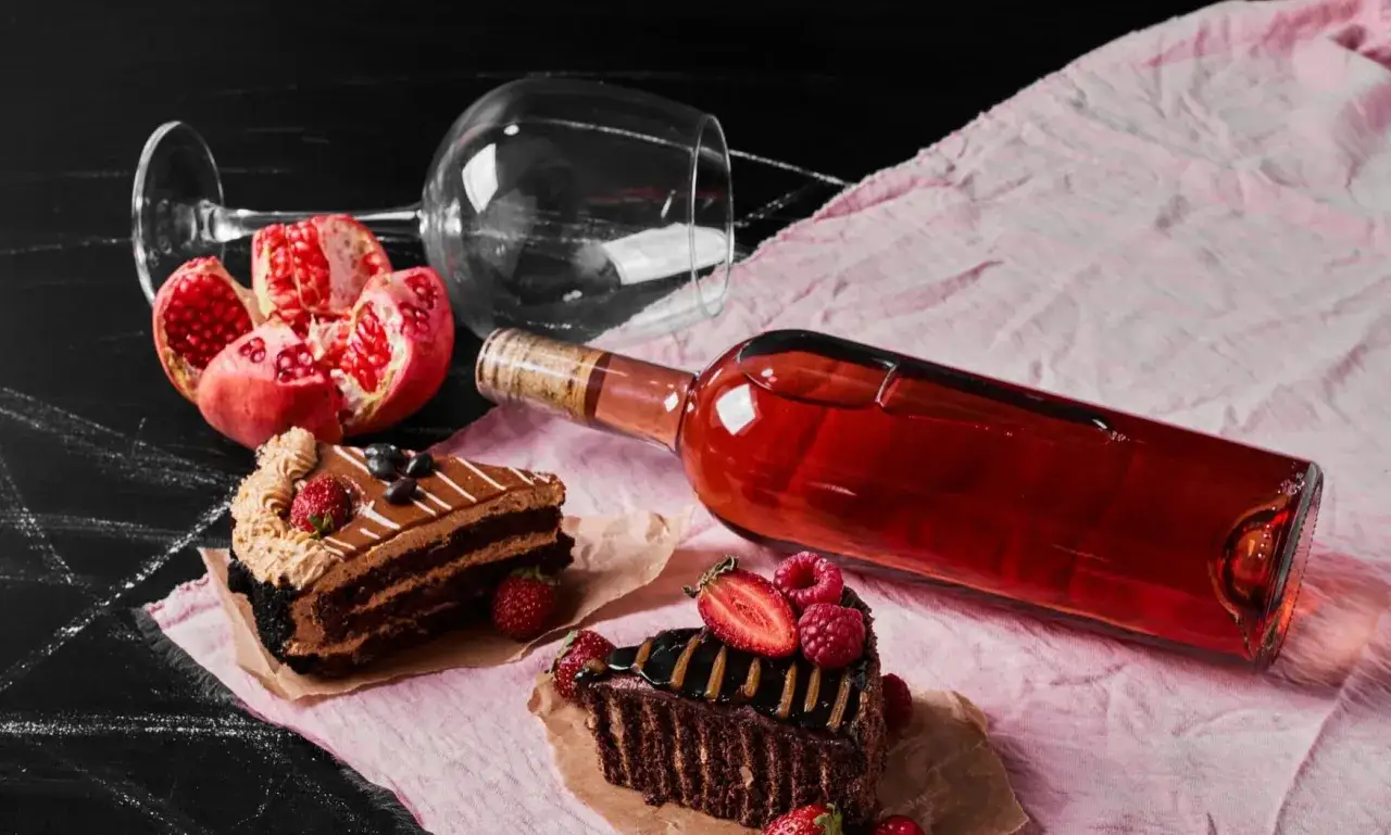 Quel vin rouge avec dessert ? Deux parts de g&acirc;teau au chocolat, une grenade ouverte, un verre renvers&eacute; et une bouteille de vin ros&eacute; sur un tissu rose.