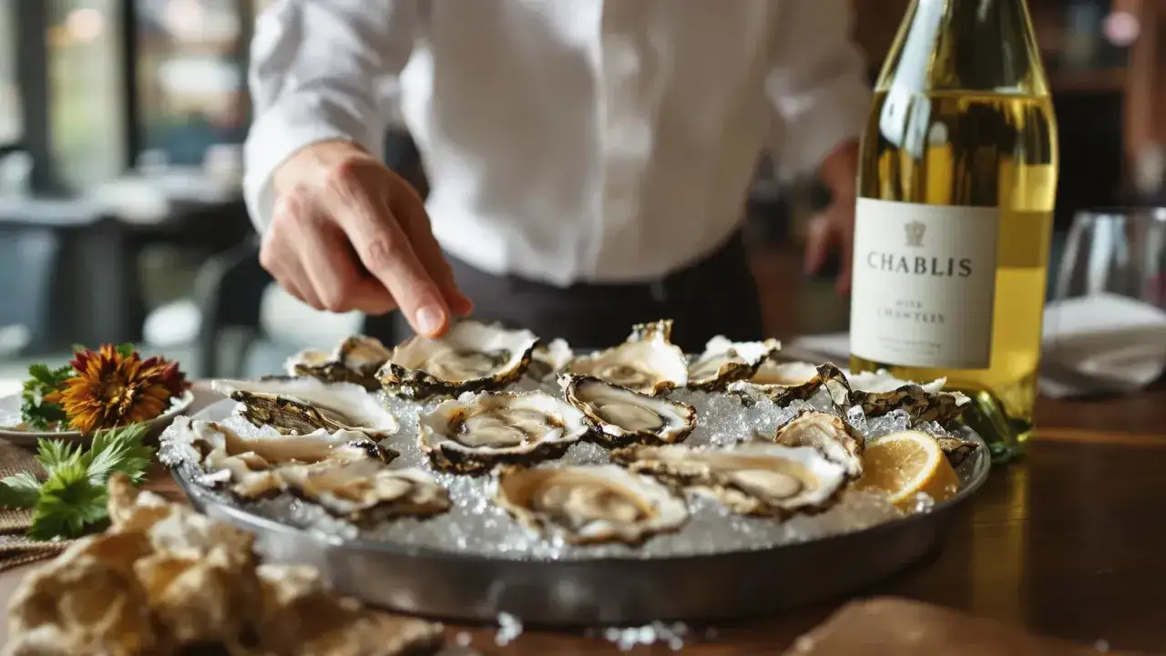 Hu&icirc;tres fra&icirc;ches sur glace, accompagn&eacute;es d'un verre de Chablis. Un accord parfait pour savourer un sauvignon blanc avec quoi ? Avec des fruits de mer !