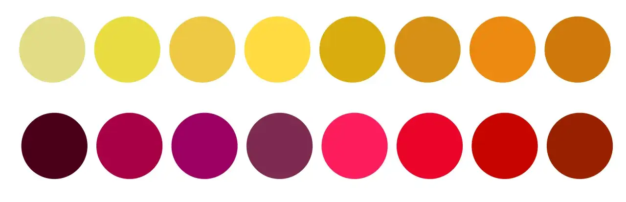 Palette de couleurs vives : jaunes, oranges, rouges et bordeaux. La premi&egrave;re rang&eacute;e &eacute;voque la couleur vin blanc, allant du p&acirc;le au dor&eacute;.