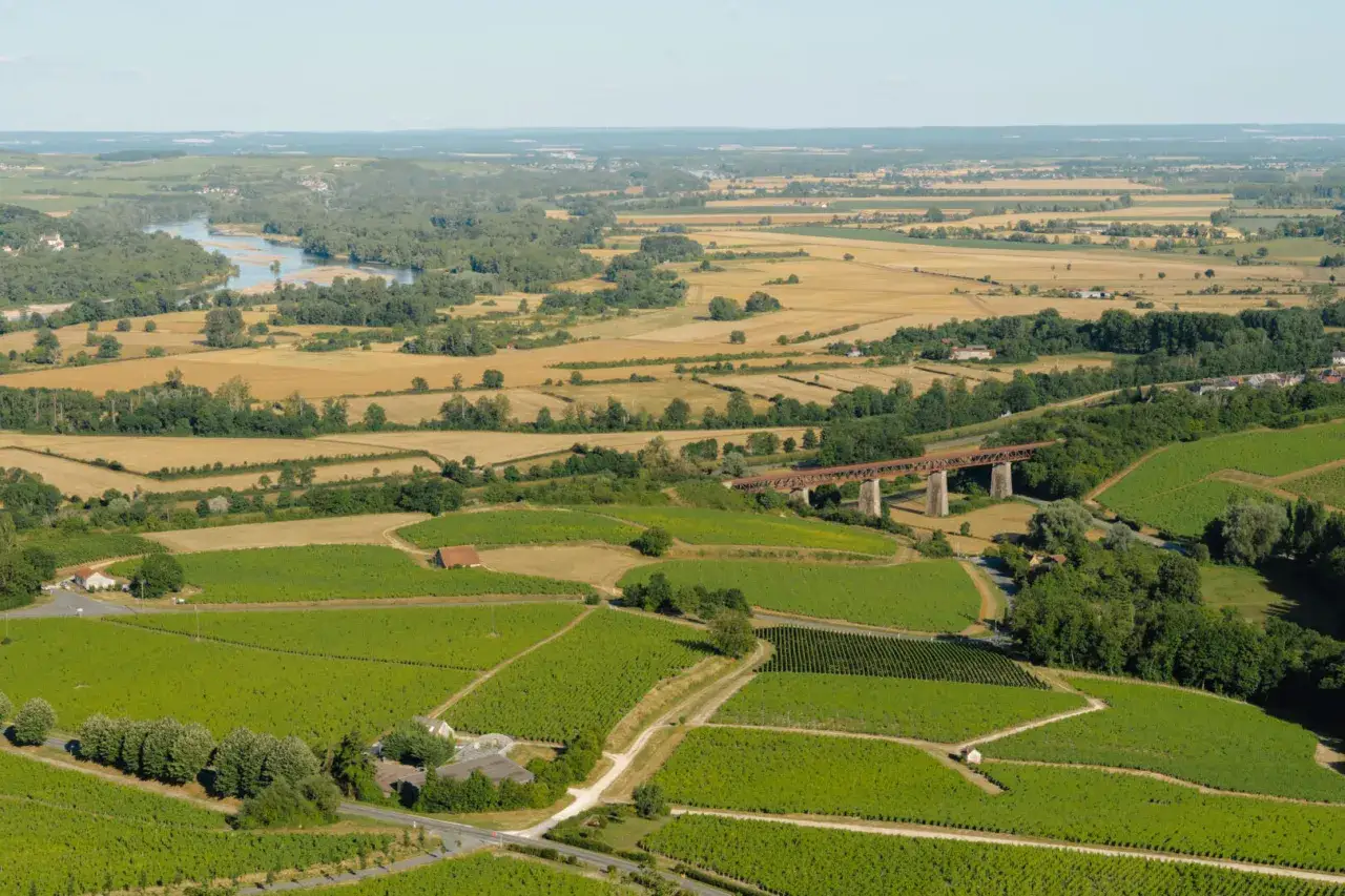 Vue aérienne des vignobles verdoyants et des champs dorés, traversés par une rivière et un pont ferroviaire. Un paysage typique du tour des fiefs sancerre.