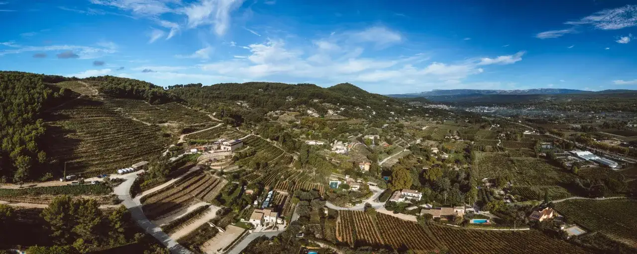 Vue a&eacute;rienne d'un paysage viticole vallonn&eacute;, parsem&eacute; de maisons proven&ccedil;ales et de la bastide blanche.