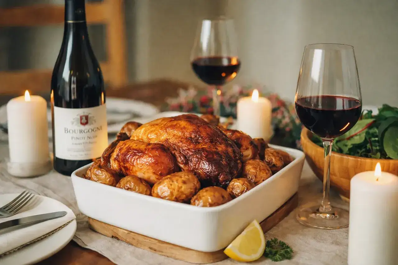 Un chapon farci doré, entouré de pommes de terre rôties, accompagné d'un vin de Bourgogne et de bougies. Un repas festif.