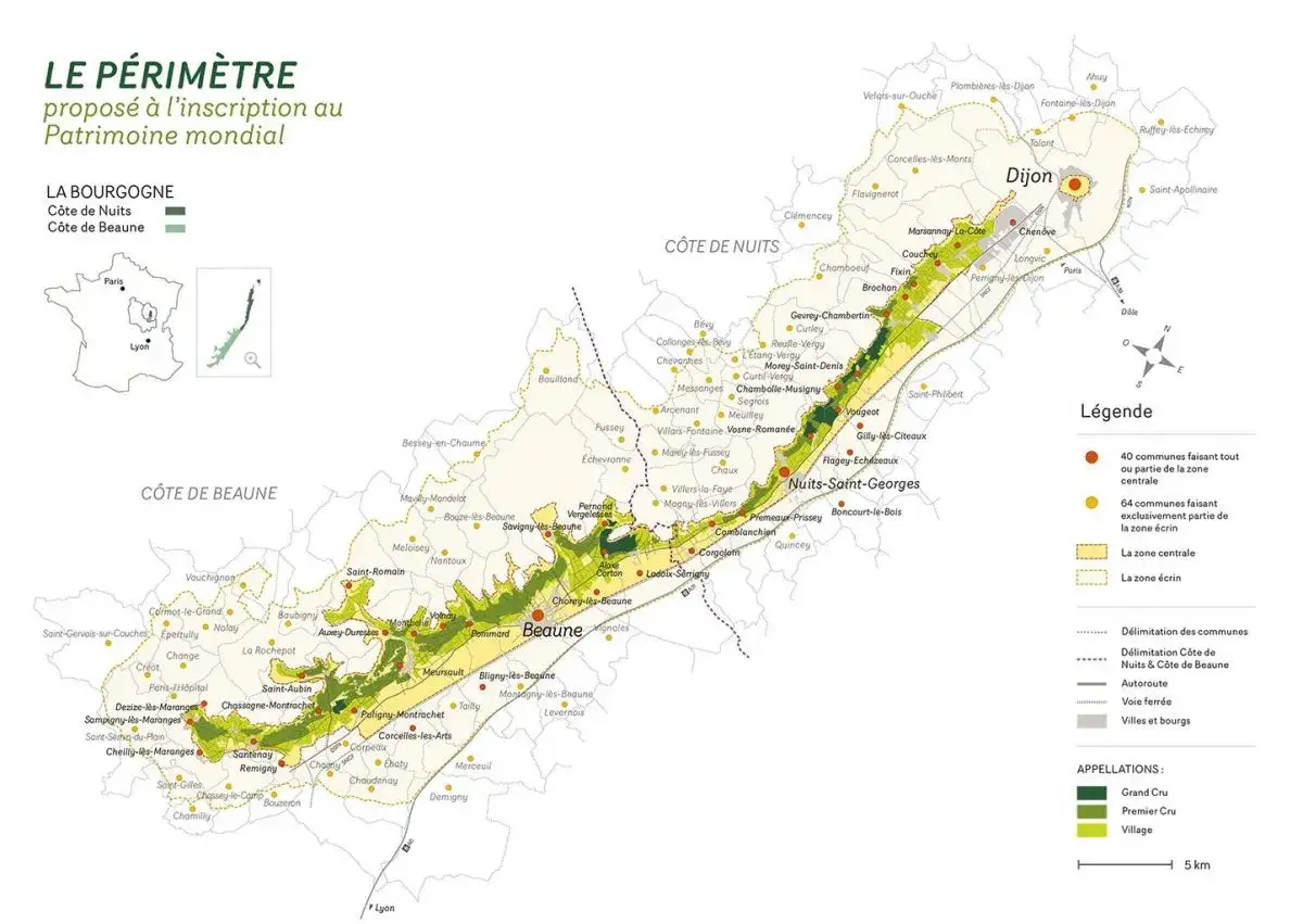 Carte des vignobles de la C&ocirc;te de Nuits et de Beaune, mettant en &eacute;vidence les 