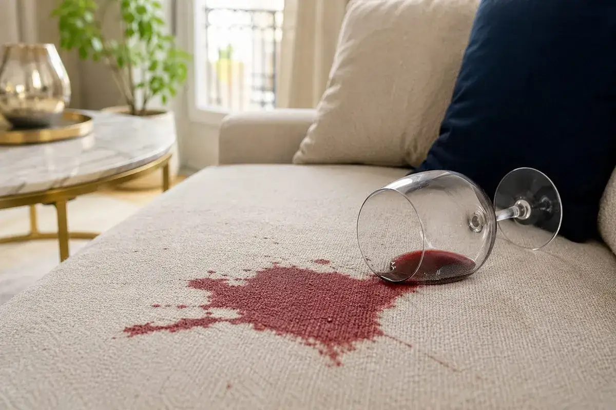 Un verre de vin renversé sur un canapé clair, laissant une grande tache de vin rouge.