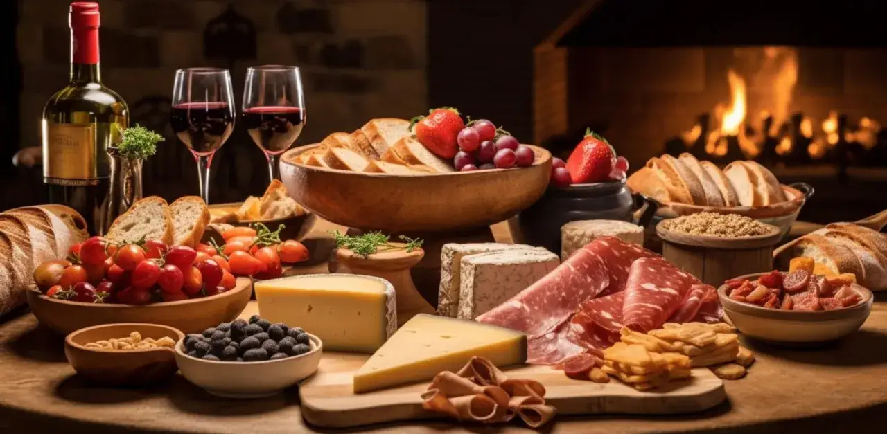 Un plateau gourmand avec charcuterie, fromages, fruits et pain, parfait pour accompagner un verre de pinot noir raclette.