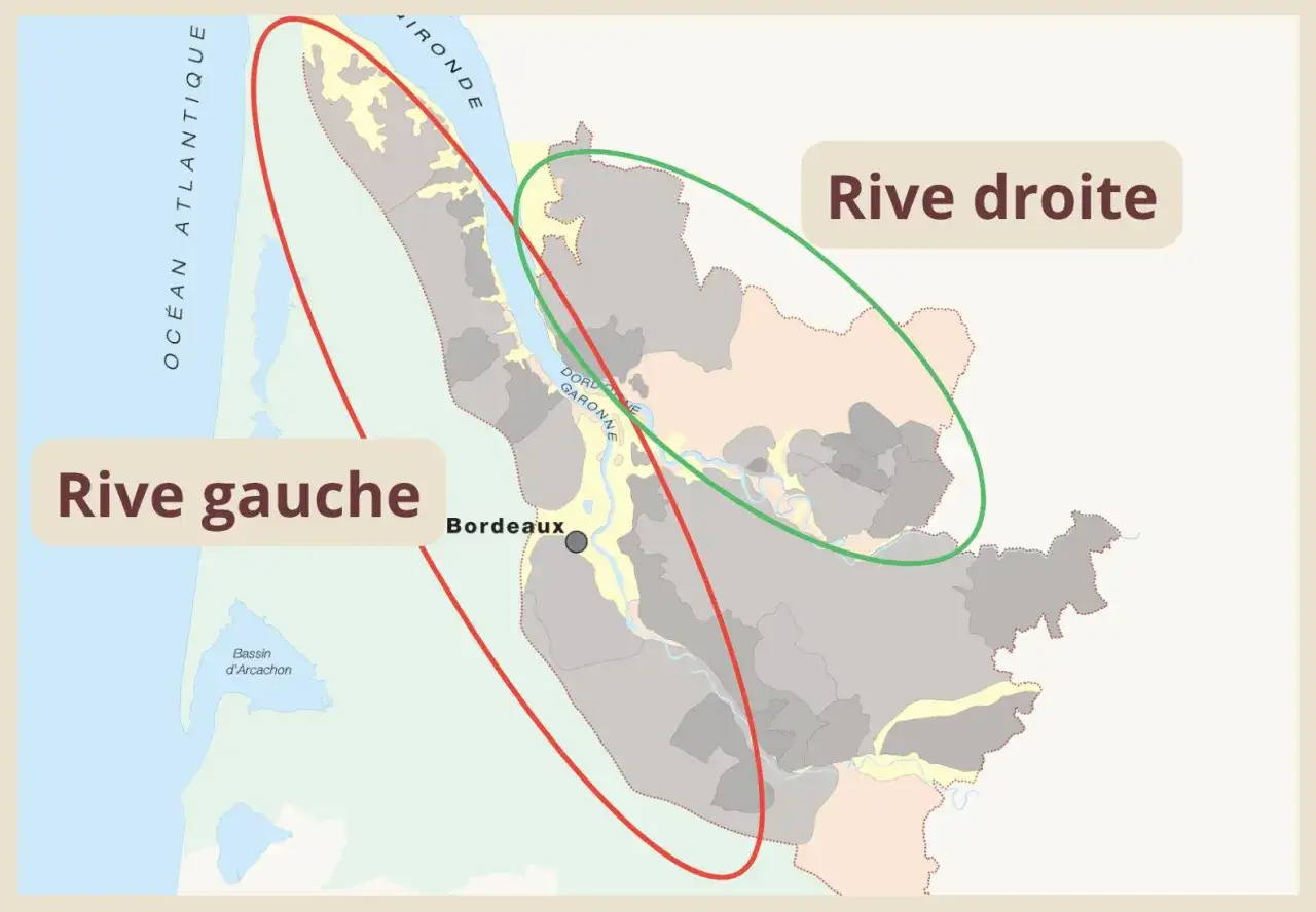 Carte de la r&eacute;gion bordelaise, montrant la rive gauche et la rive droite de la Garonne et de la Dordogne.