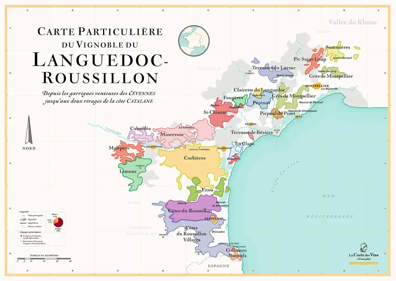 Carte des meilleurs vins du Roussillon, des garrigues aux rivages catalans. Explorez les vignobles et appellations de cette région viticole.