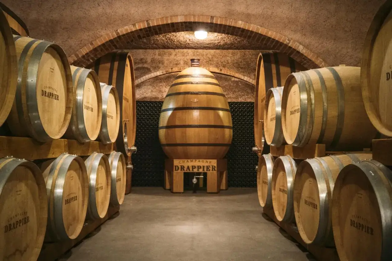 Cave à vin de Champagne Drappier, avec des fûts en bois alignés et une grande cuve centrale. Avis sur le savoir-faire Drappier.