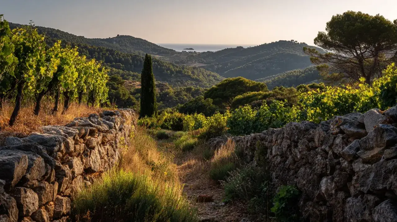 Paysage de vignoble au coucher du soleil, avec des murets en pierre et des rang&eacute;es de c&eacute;page mourv&egrave;dre baign&eacute;es de lumi&egrave;re dor&eacute;e.