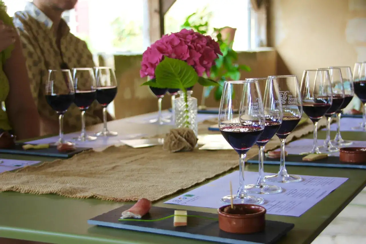 Dégustation de vins rouges, un accord met vin parfait. Verres alignés, amuse-bouches et fleurs pour une expérience gustative.