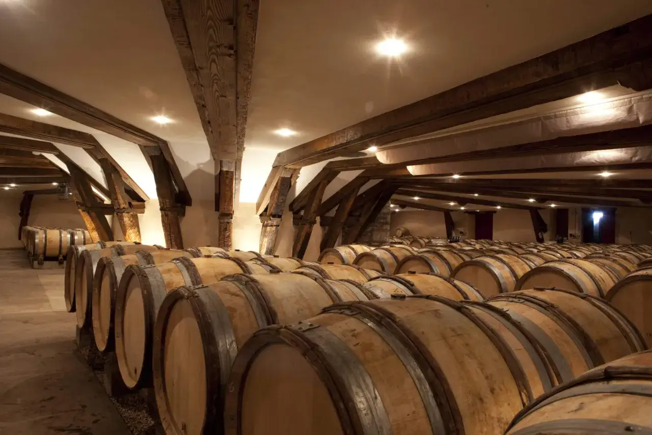 Cave vo&ucirc;t&eacute;e avec de nombreux f&ucirc;ts en bois align&eacute;s, pr&ecirc;ts pour le vieillissement du vin. Le domaine chanson est un lieu de tradition.