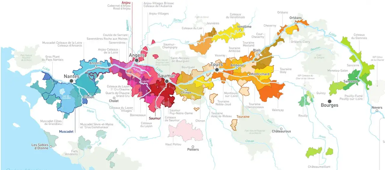 Carte des vignobles de la Loire, avec la région de Sancerre mise en évidence en vert.
