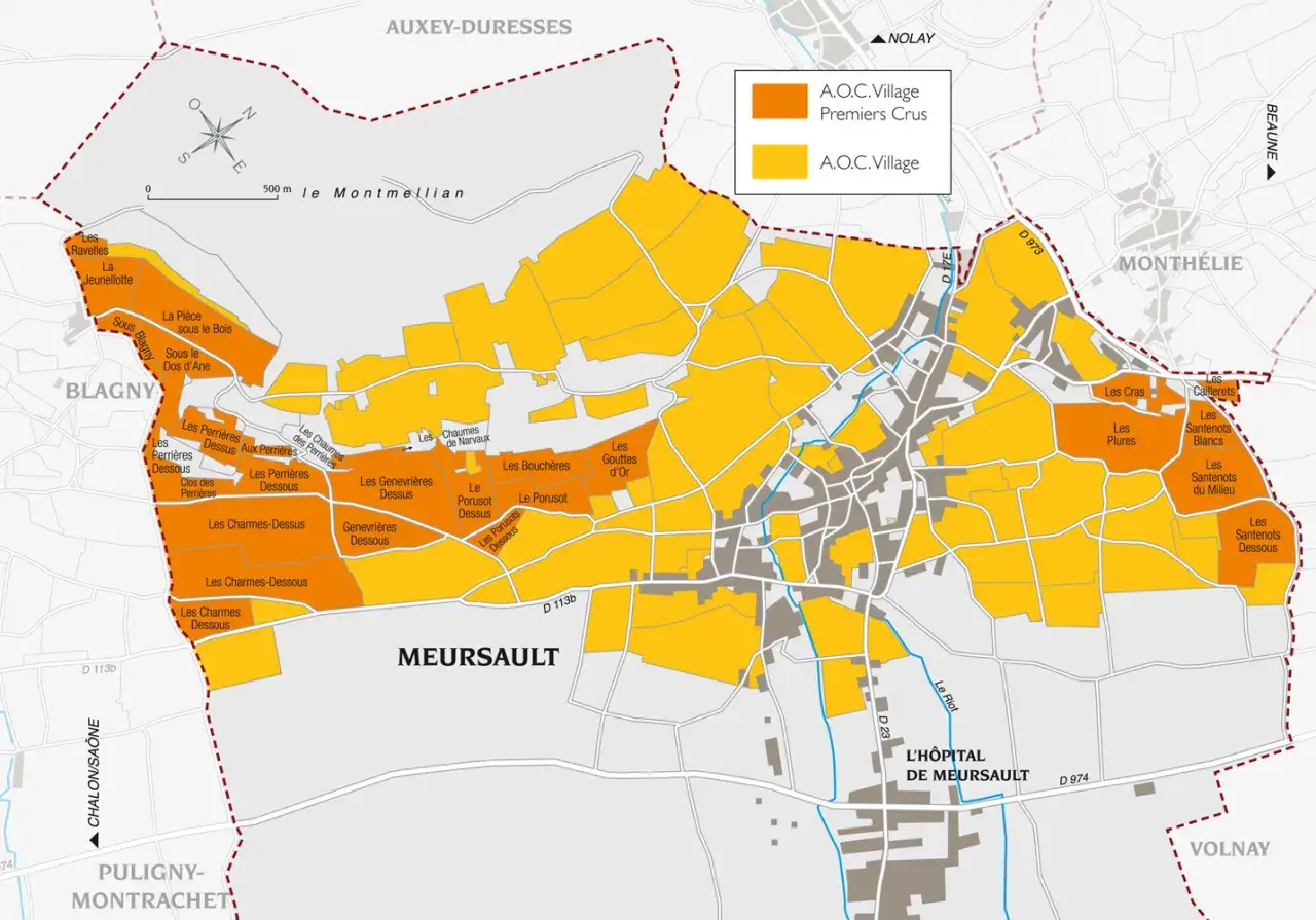 Carte des vignobles de Meursault, avec les parcelles A.O.C. Village et Premiers Crus. Jacques Prieur y trouverait ses parcelles.