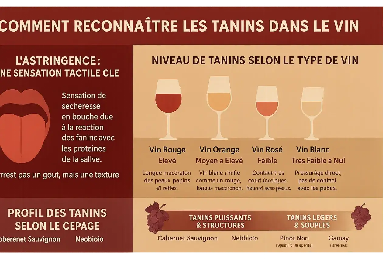 Guide pour reconna&icirc;tre les tanins dans le vin : sensation d'astringence, niveaux selon le type de vin (rouge, orange, ros&eacute;, blanc) et profils par c&eacute;page.