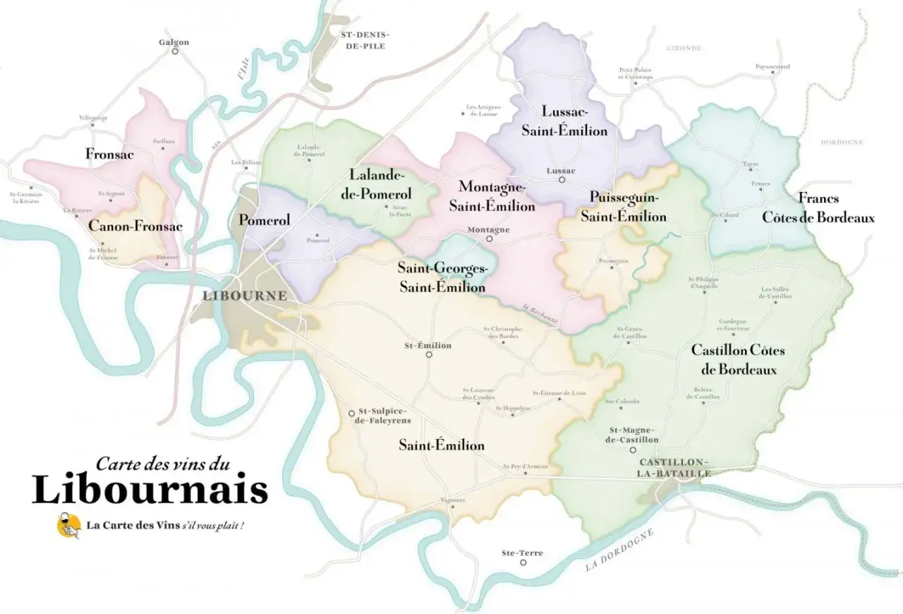 Carte des vins du Libournais, montrant la classification des vins de Bordeaux, avec les appellations Fronsac, Canon-Fronsac, Pomerol, Lalande-de-Pomerol, Saint-&Eacute;milion, Montagne Saint-&Eacute;milion, Lussac Saint-&Eacute;milion, Puisseguin Saint-&Eacute;milion, Saint-Georg...