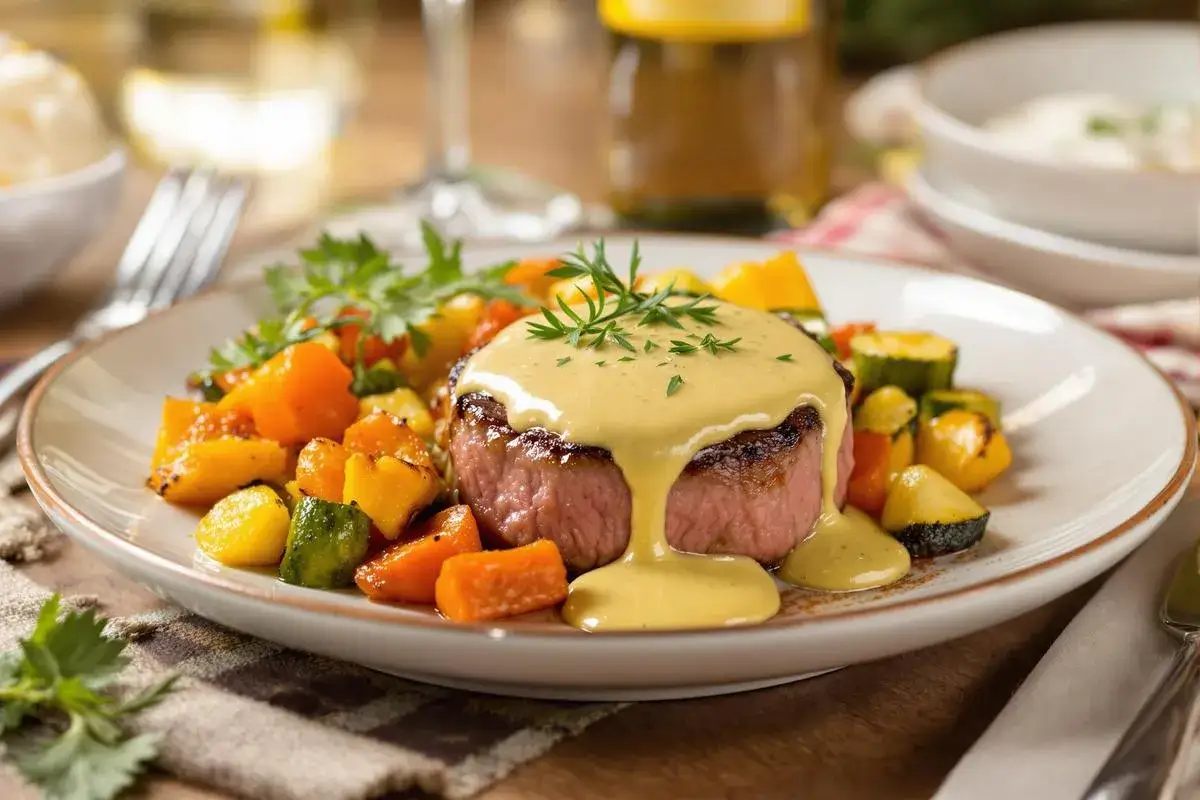 Un délicieux filet mignon de porc nappé d'une sauce onctueuse, servi avec des légumes rôtis colorés. Un plat parfait pour accompagner un bon vin.