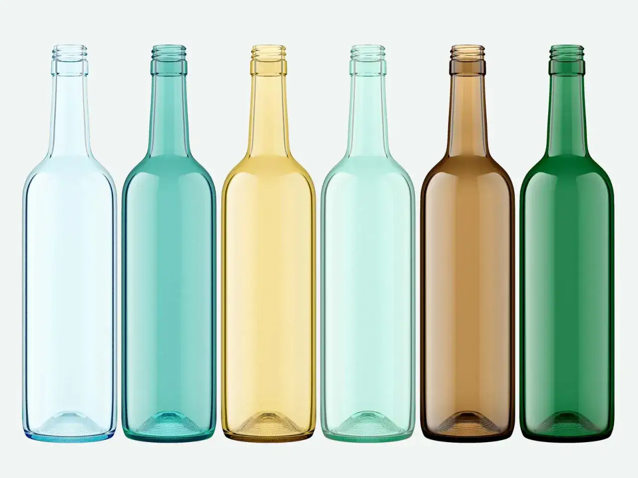 Six bouteilles de vin de diff&eacute;rentes couleurs : bleu clair, turquoise, jaune, vert d'eau, brun et vert. Pourquoi les bouteilles de vin sont vertes ? Pour prot&eacute;ger le vin de la lumi&egrave;re.