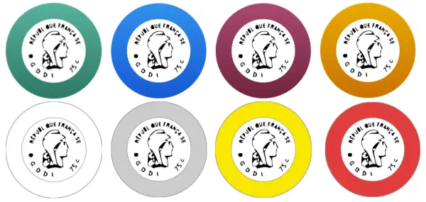 Huit capsules de vin aux couleurs vives : vert, bleu, bordeaux, ocre, gris, jaune, rouge et blanc, chacune ornée d'un profil de Marianne.