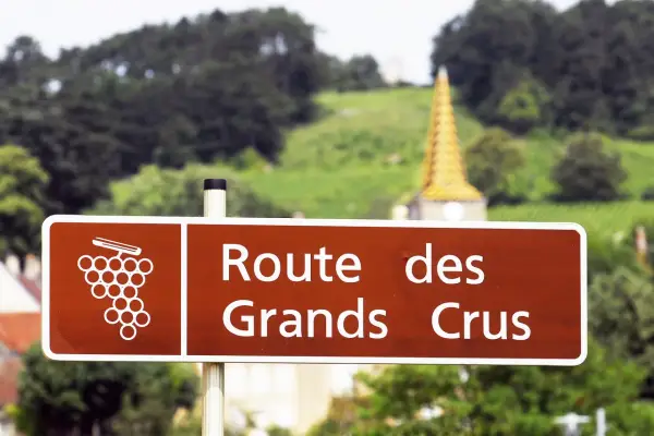 Panneau "Route des Grands Crus" en Bourgogne, promesse d'un vin rouge de Bourgogne très réputé. Paysage de vignobles et clocher doré en arrière-plan.