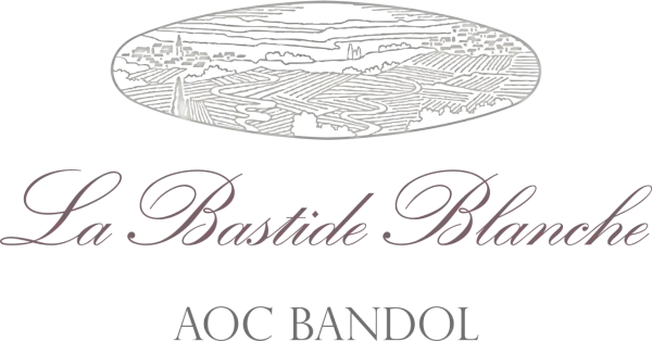 Logo de La Bastide Blanche, un domaine viticole avec un paysage de vignobles et un village.