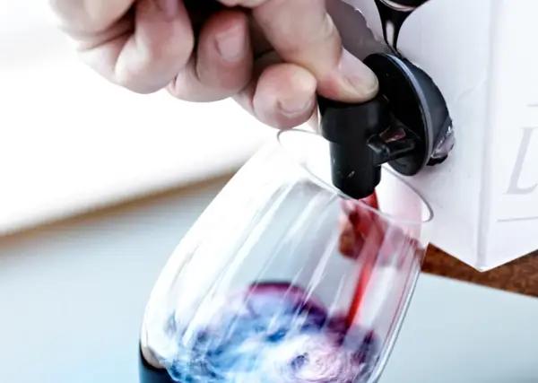 Un doigt appuie sur le robinet d'un cubi de vin blanc ouvert, versant le liquide rouge dans un verre.
